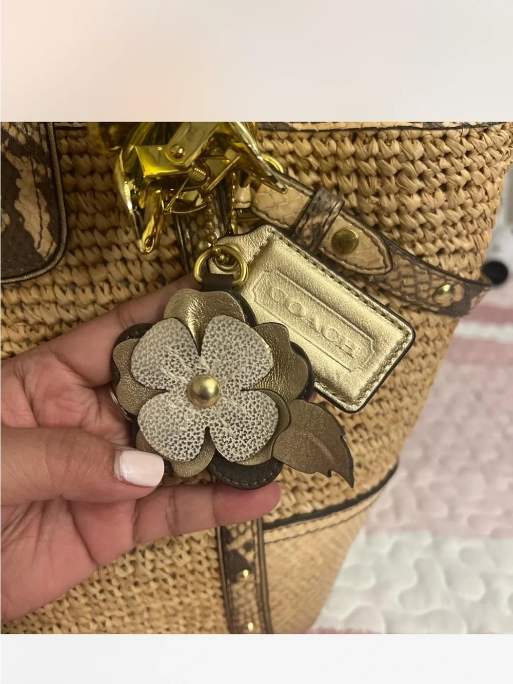 Coach Straw Tote with Snake-Print Trim and Flower Charm - Natural